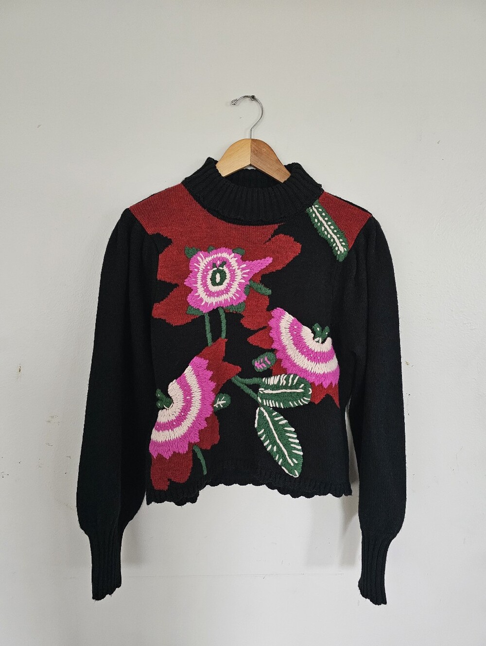 Farm Rio Black Bold Colorful Flower Embroidered Knit Sweater - Picture 1 of 13